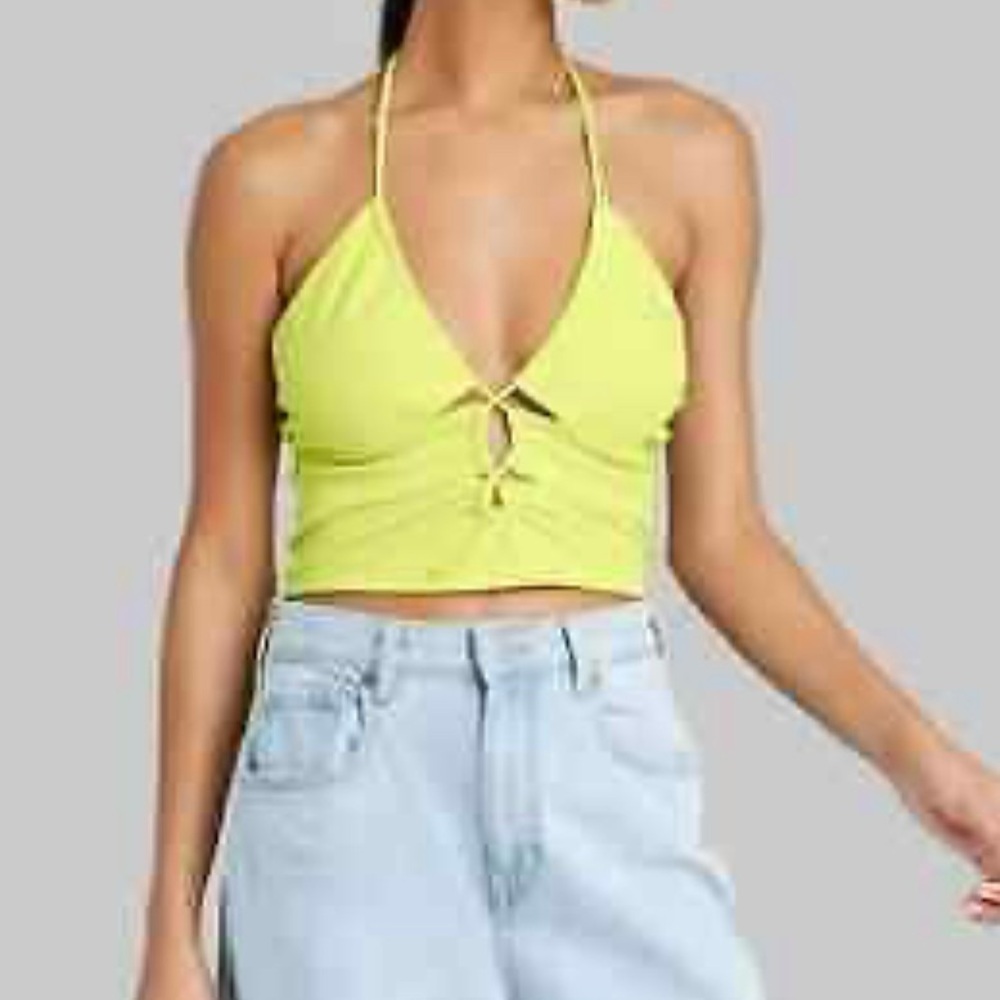 Women's Lace-Up Halter Crop Top-Lime Green-XXL-Wild Fable